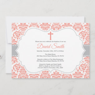 Girl Baptism Invitation Coral and Gray Damask