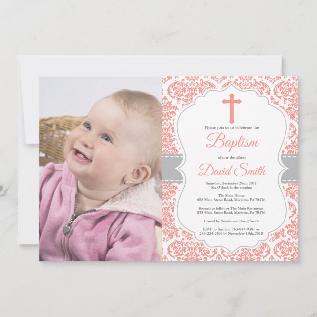 Girl Baptism Invitation Coral Red and Gray Damask (Front)