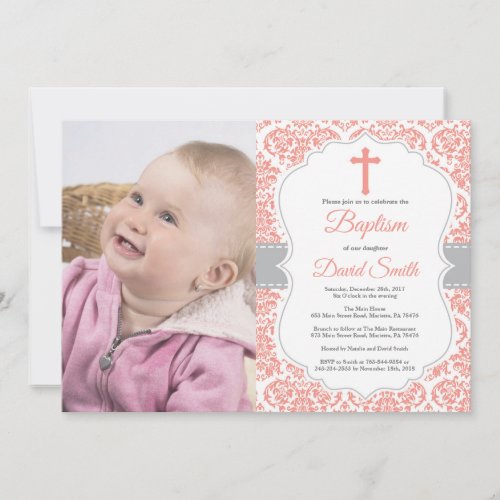 Girl Baptism Invitation Coral Red and Gray Damask