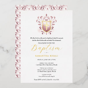 Girl Baptism Invitation Dusty Rose Crest Foil Invitation