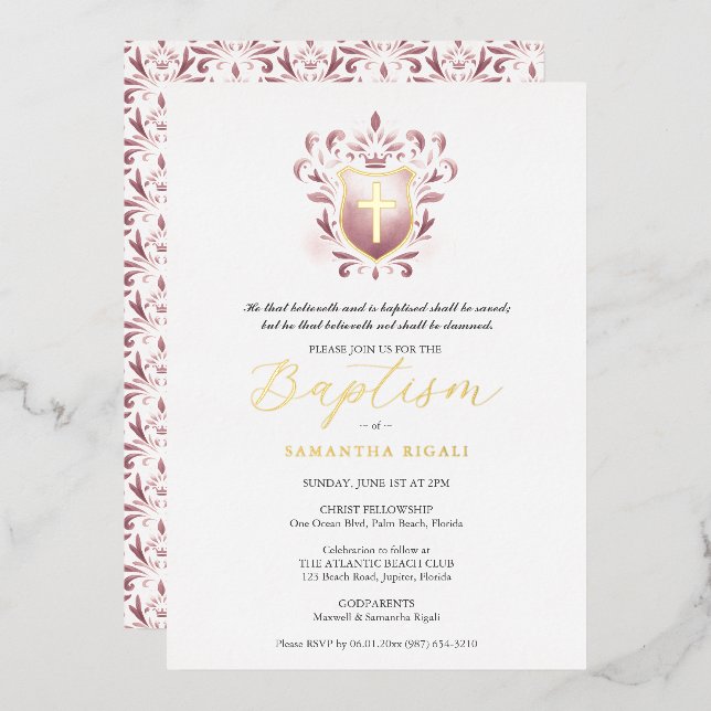 Girl Baptism Invitation Dusty Rose Crest Foil Invitation (Front/Back)