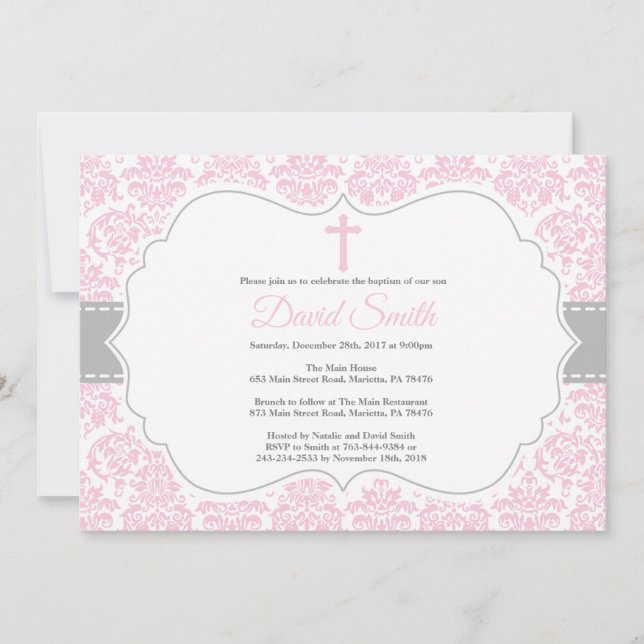 Girl Baptism Invitation Pink and Gray Damask (Front)