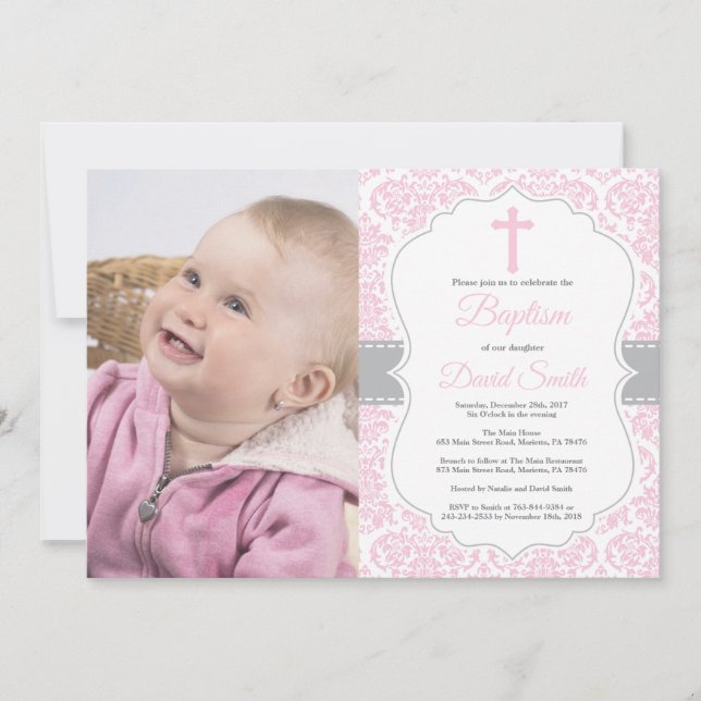 Girl Baptism Invitation Pink and Gray Damask (Front)