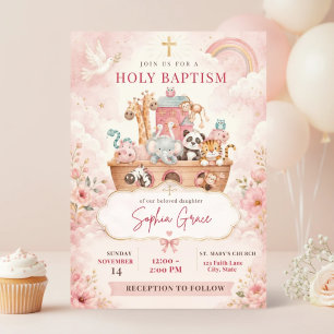 Girl Baptism Invitation Pink Noah's Ark