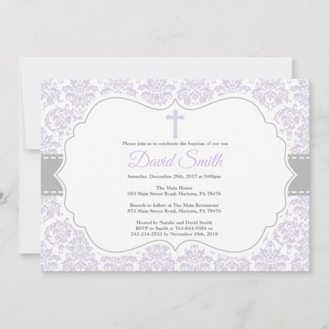 Girl Baptism Invitation Purple and Gray Damask (Front)