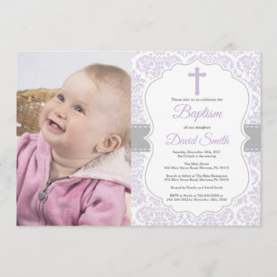 Girl Baptism Invitation Purple and Gray Damask
