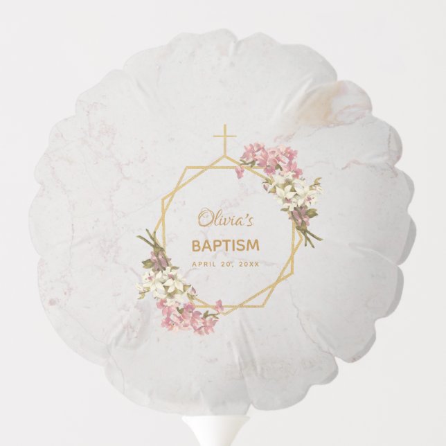 Girl Baptism Marble Floral Gold Orchids Balloon (Back)