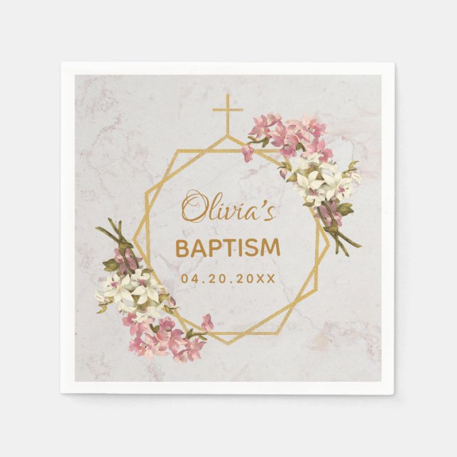 Girl Baptism Marble Floral Orchids Gold Geometric Napkins (Front)