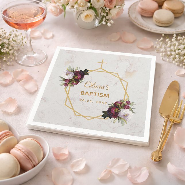 Girl Baptism Marble Gold Burgundy Peonies Floral Napkins (Creator Uploaded)