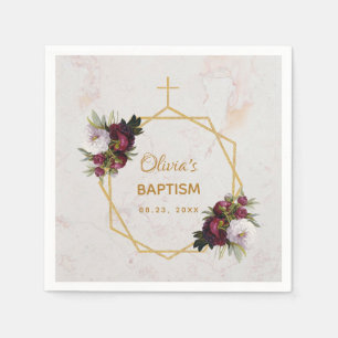 Girl Baptism Marble Gold Burgundy Peonies Floral Napkins