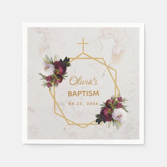 Girl Baptism Marble Gold Burgundy Peonies Floral Napkins (Front)