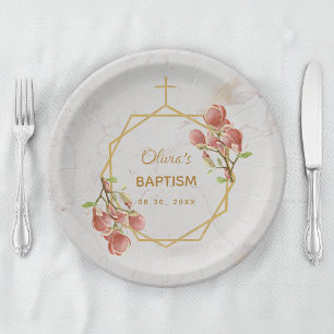Girl Baptism Marble Gold Pink Magnolia Geometric Paper Plates