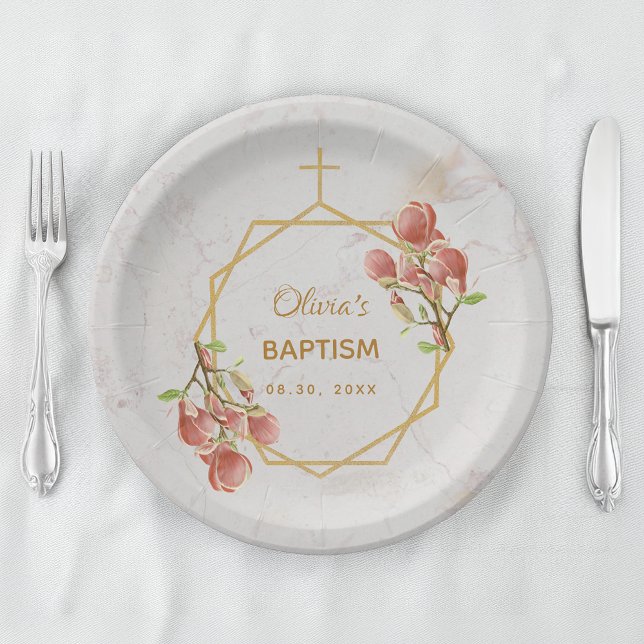 Girl Baptism Marble Gold Pink Magnolia Geometric Paper Plates (Creator Uploaded)