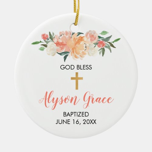 Girl baptism peach white greenery floral baptism ceramic ornament