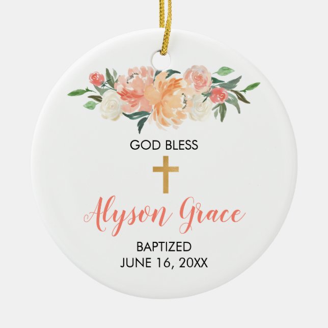 Girl baptism peach white greenery floral baptism ceramic ornament (Front)