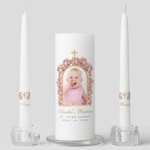 Girl Baptism Photo Faux Gold Arch Pink Orchids Uni Unity Candle Set