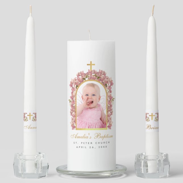 Girl Baptism Photo Faux Gold Arch Pink Orchids Uni Unity Candle Set (Front)