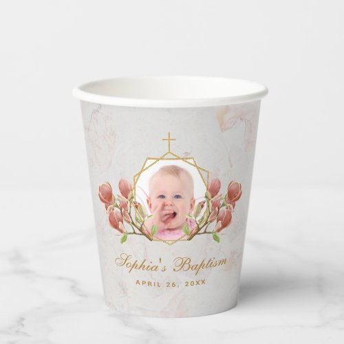 Girl Baptism Photo Floral Pink Magnolia Marble  Pa Paper Cups