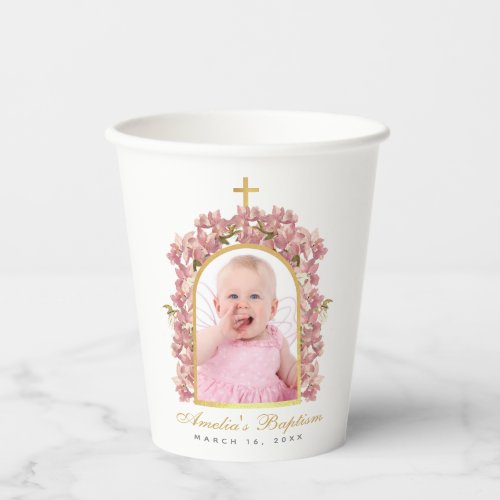 Girl Baptism Photo Gold Arch Floral Pink Orchids P Paper Cups