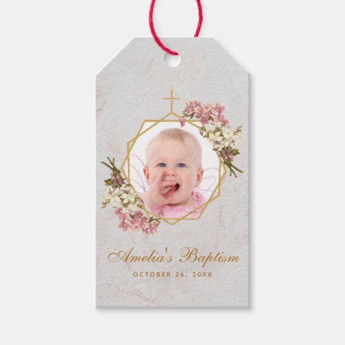 Girl Baptism Photo Gold Pink Orchids Floral Marble Gift Tags
