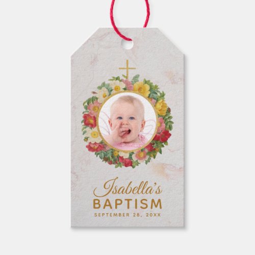 Girl Baptism Photo in Rose Wreath Floral Marble Gift Tags