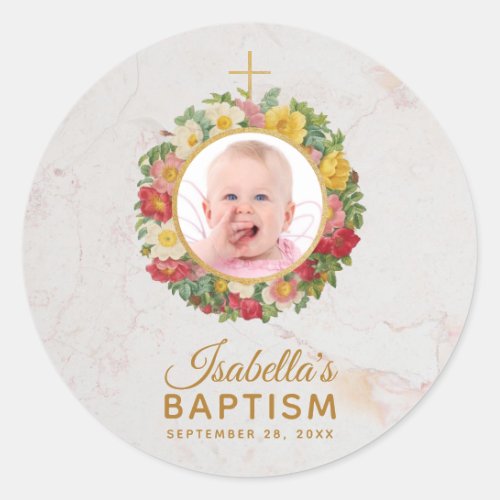 Girl Baptism Photo in Rose Wreath Marble Script Classic Round Sticker