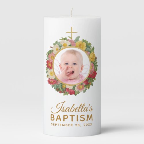 Girl Baptism  Photo in Rose Wreath  Script Floral Pillar Candle