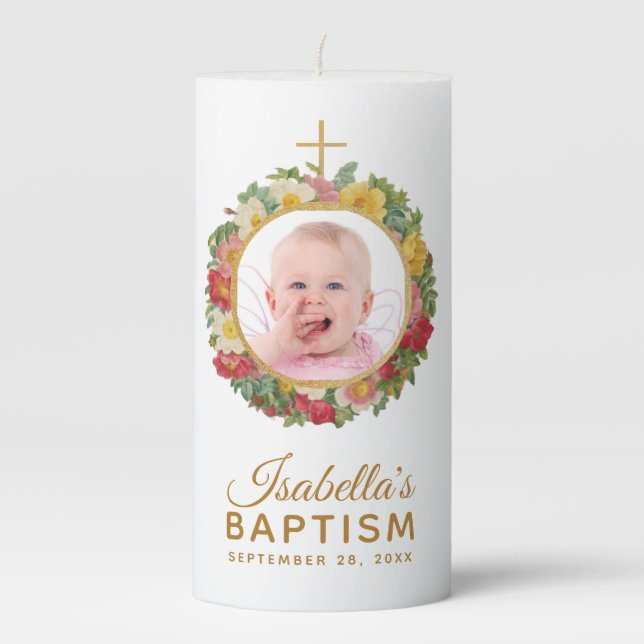 Girl Baptism  Photo in Rose Wreath & Script Floral Pillar Candle (Front)