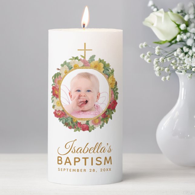 Girl Baptism  Photo in Rose Wreath & Script Floral Pillar Candle (Creator Uploaded)