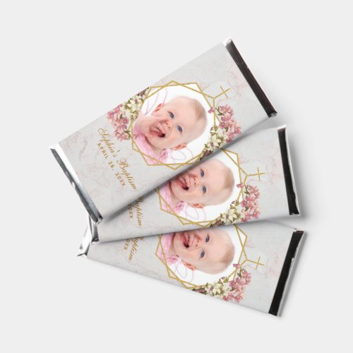 Girl Baptism Photo Marble Floral Pink Orchids Hers Hershey Bar Favors