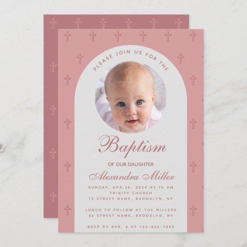 Girl Baptism Photo Pink Dusty Rose Arch Modern Invitation