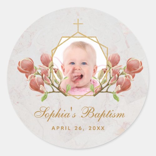 Girl Baptism Photo Pink Magnolia Floral Geometric Classic Round Sticker