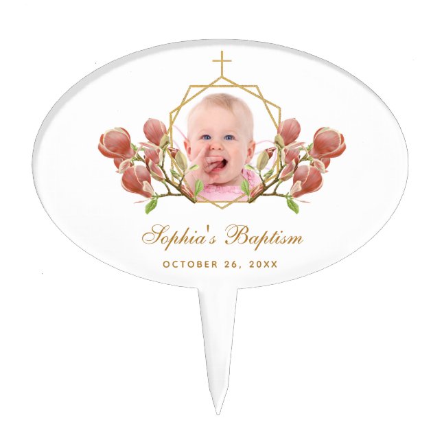 Girl Baptism Photo Pink Magnolia Gold Floral  Cake Topper (Front)
