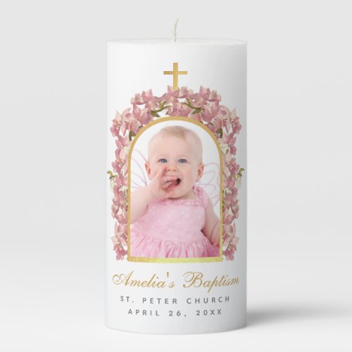 Girl Baptism Photo Pink Orchids Faux Gold Arch Pil Pillar Candle