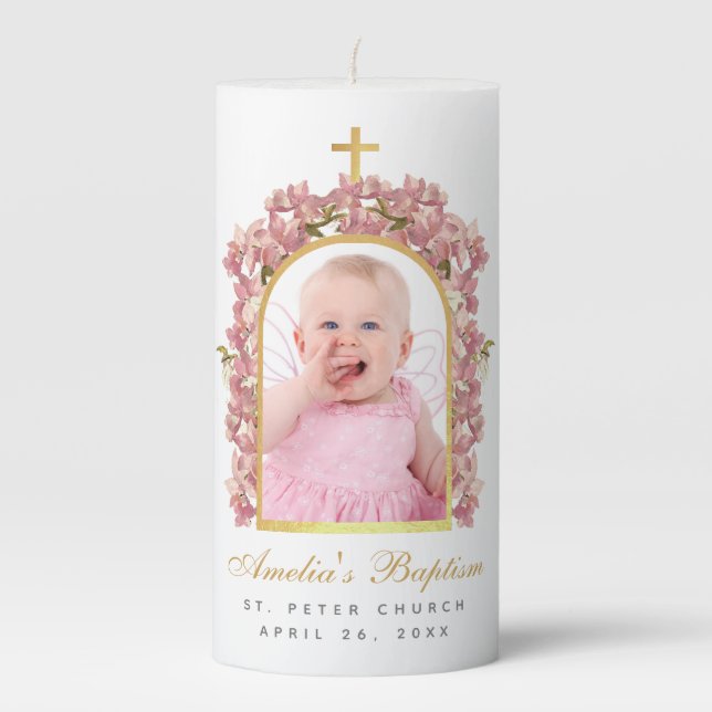 Girl Baptism Photo Pink Orchids Faux Gold Arch Pil Pillar Candle (Front)