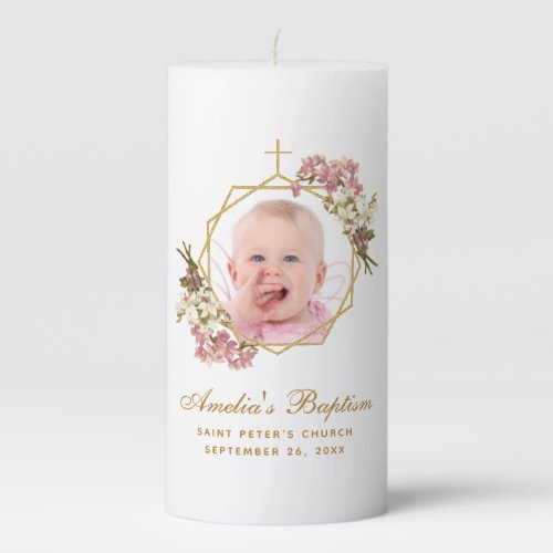 Girl Baptism Photo Pink Orchids Floral Geometric Pillar Candle