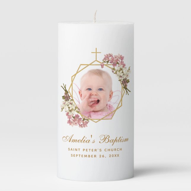 Girl Baptism Photo Pink Orchids Floral Geometric Pillar Candle (Front)