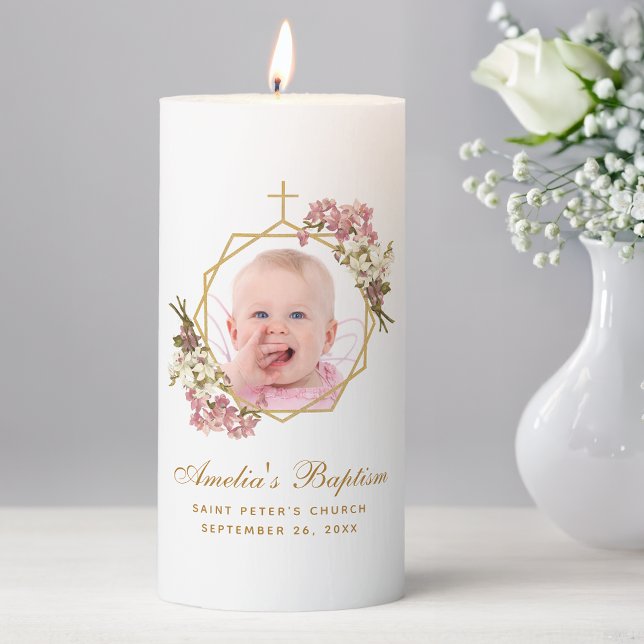 Girl Baptism Photo Pink Orchids Floral Geometric Pillar Candle (Creator Uploaded)