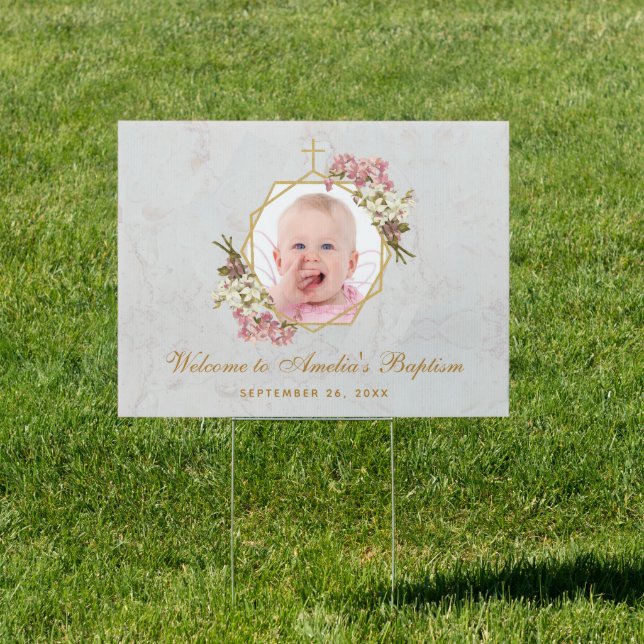 Girl  Baptism Photo Pink Orchids Floral Geometric  Sign (Insitu)