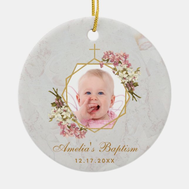 Girl Baptism Photo Pink Orchids Floral Gold Marble Ceramic Ornament (Front)