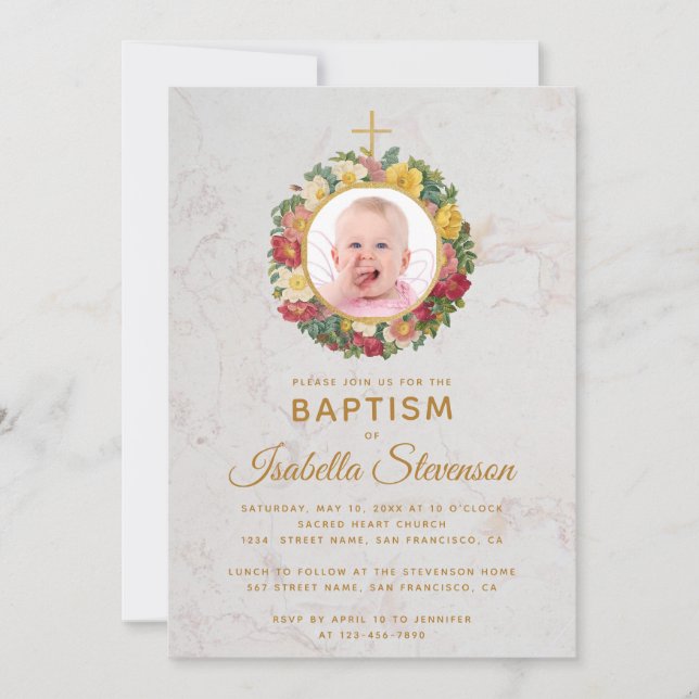 Girl Baptism Photo Rose Wreath Cross Marble Floral Invitation (Front)