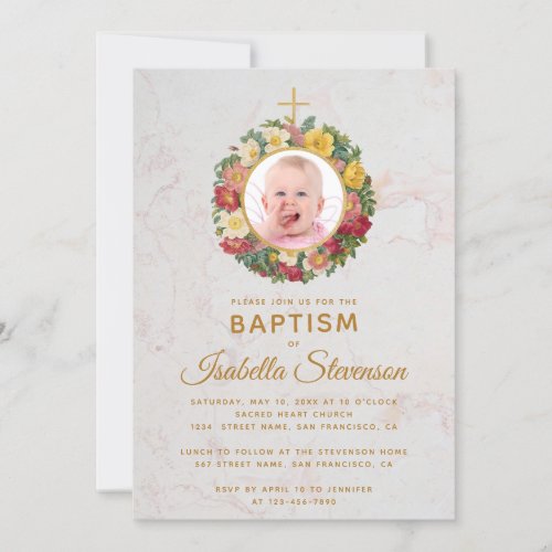 Girl Baptism Photo Rose Wreath Cross Marble Floral Invitation