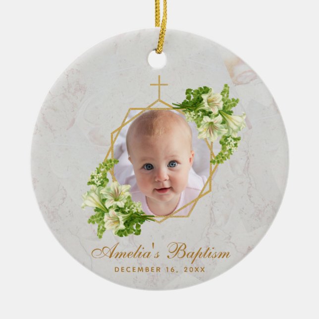 Girl Baptism Photo White Lilies Marble Gold Floral Ceramic Ornament (Front)