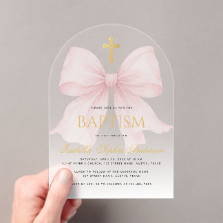 Girl Baptism Pink Bow Faux Gold Cross Script Ombre Acrylic Invitations