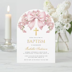Girl Baptism Pink Bow Floral Elegant Gold Cross Invitation