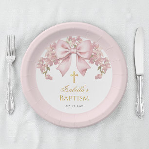 Girl Baptism Pink Bow Floral & Gold Cross Paper Plates