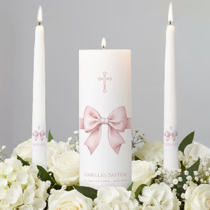 Girl Baptism Pink Bow Watercolor Dusty Rose Cross Unity Candle Set