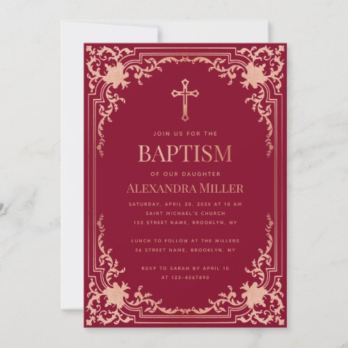 Girl Baptism Pink Burgundy Rose Gold Cross Elegant Invitation