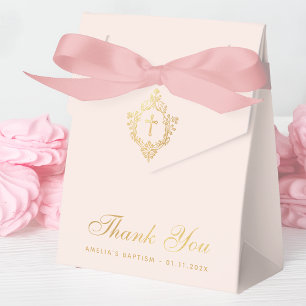 Girl Baptism Pink Faux Gold Cross Crest Thank You Favor Boxes