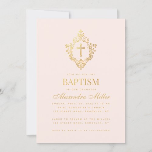 Girl Baptism Pink Faux Gold Cross in Crest Blush Invitation